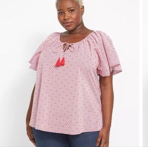 Lane Bryant Red and White Striped Swiss Dot Blouse with Tassels 26/28 (4924)